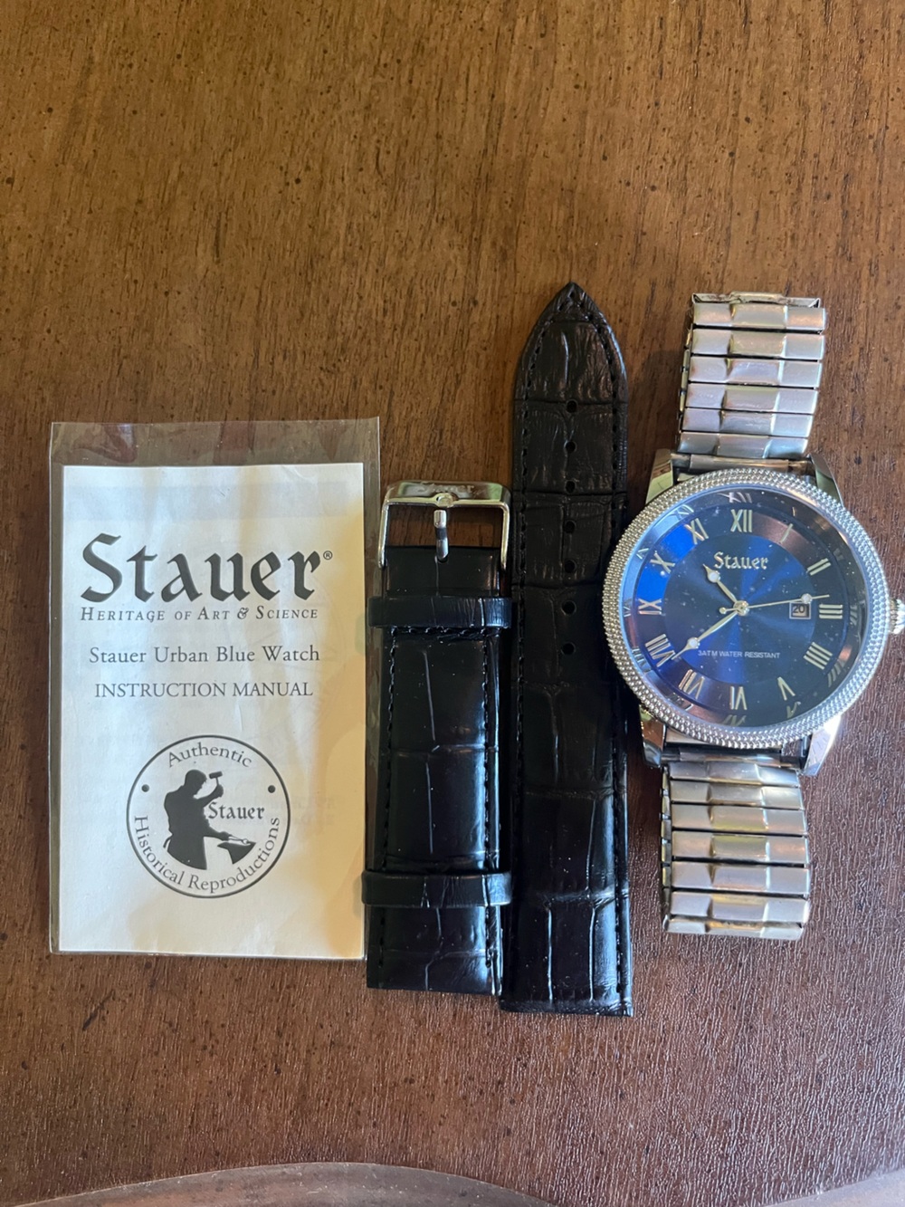 Stauer Men's Urban Blue Watch with Stainless Bracelet and Black Leather Straps